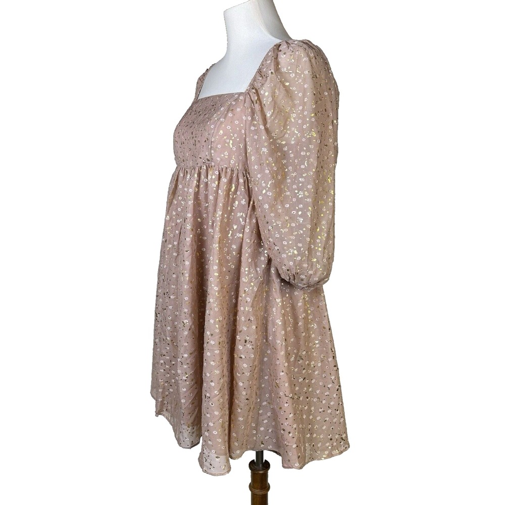 Storia Anthropologie Womens Dress Sz S Metallic‎ Babydoll Mini Puff Sleeve - Picture 5 of 11